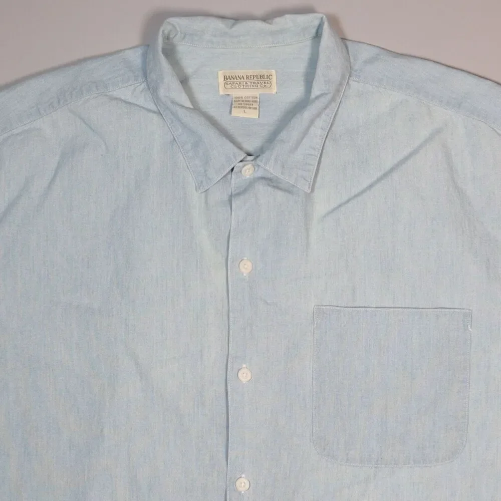 Vintage Banana Republic Safari Travel Chambray Back Patch Shirt Mens Large